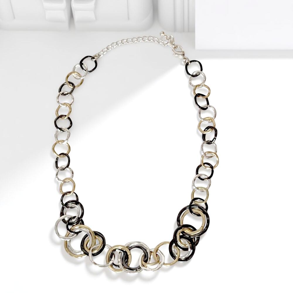 Trendy Statement Mixed Metals Gold, Black Silver Link Circles Necklace 19"